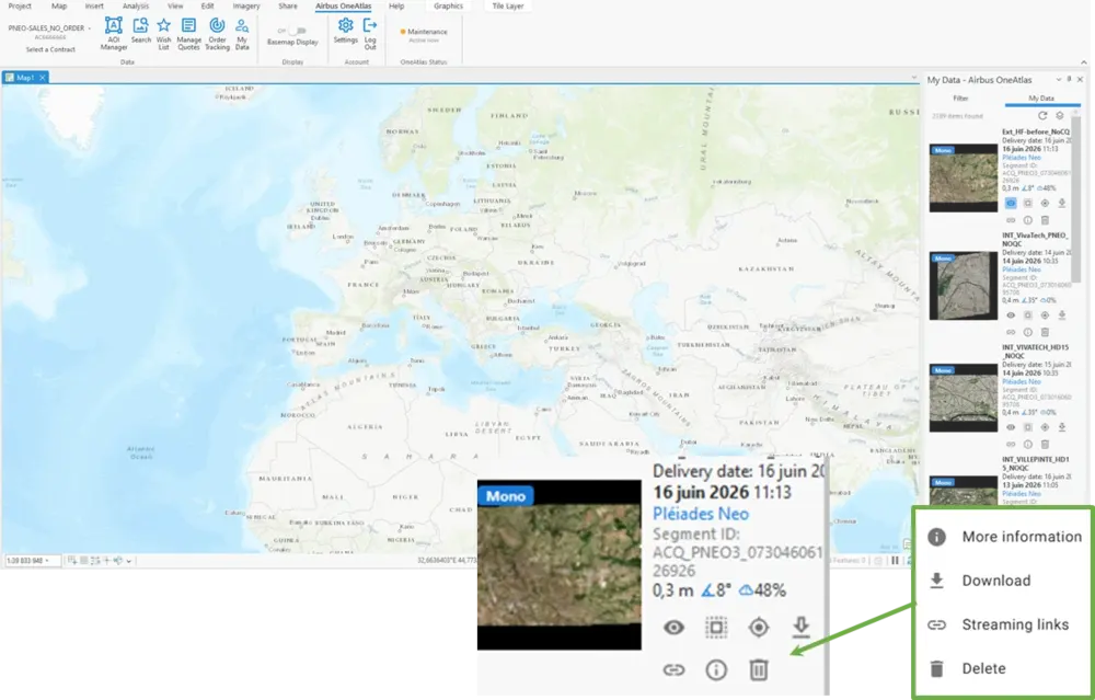 Figure 15 — Each item in MyData gives you these actions: Stream, Footprint, Zoom in, More information, Download, Streaming links, Delete