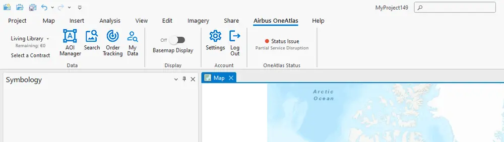 Figure 3 — The Airbus OneAtlas ribbon once logged in, with the AOI Manager, Search, Order Tracking and MyData buttons
